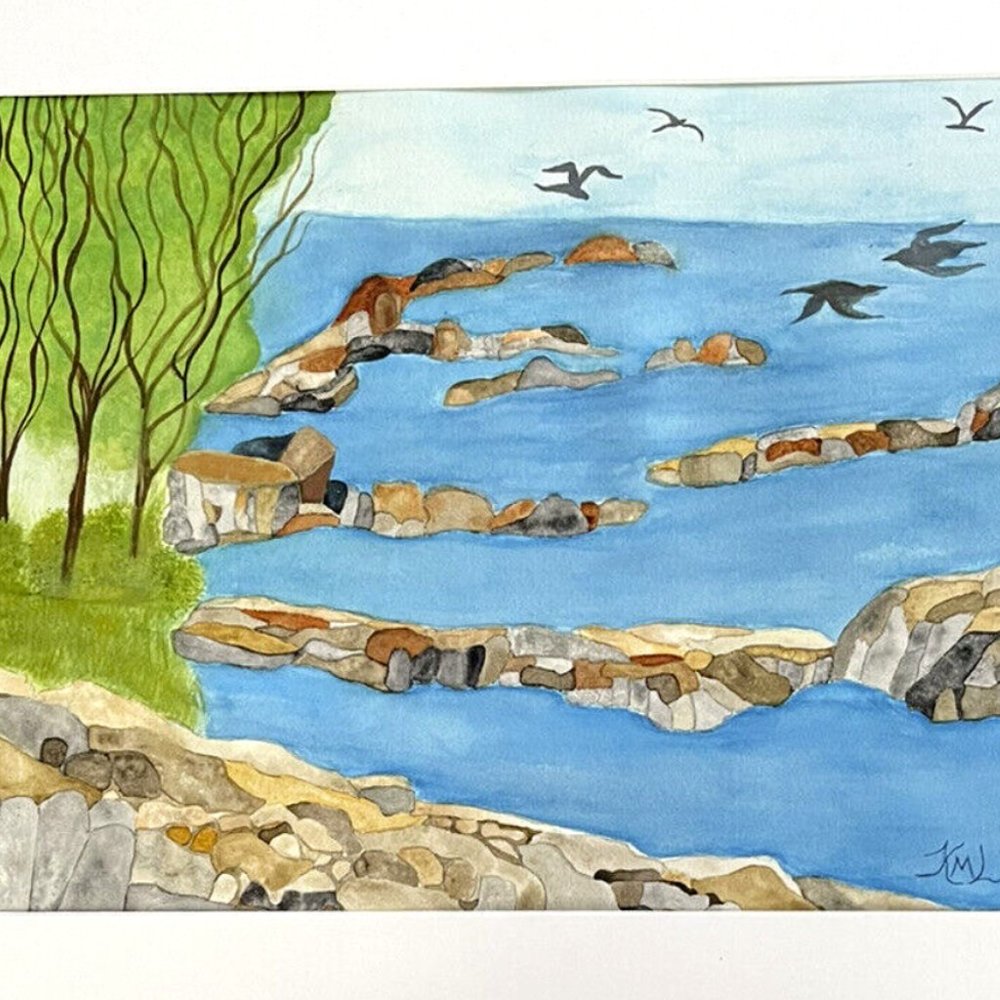 PAINTING WATERCOLOR ART ORIGINAL LANDSCAPE WATER TREES ROCKS 11X14 MAT 16X20